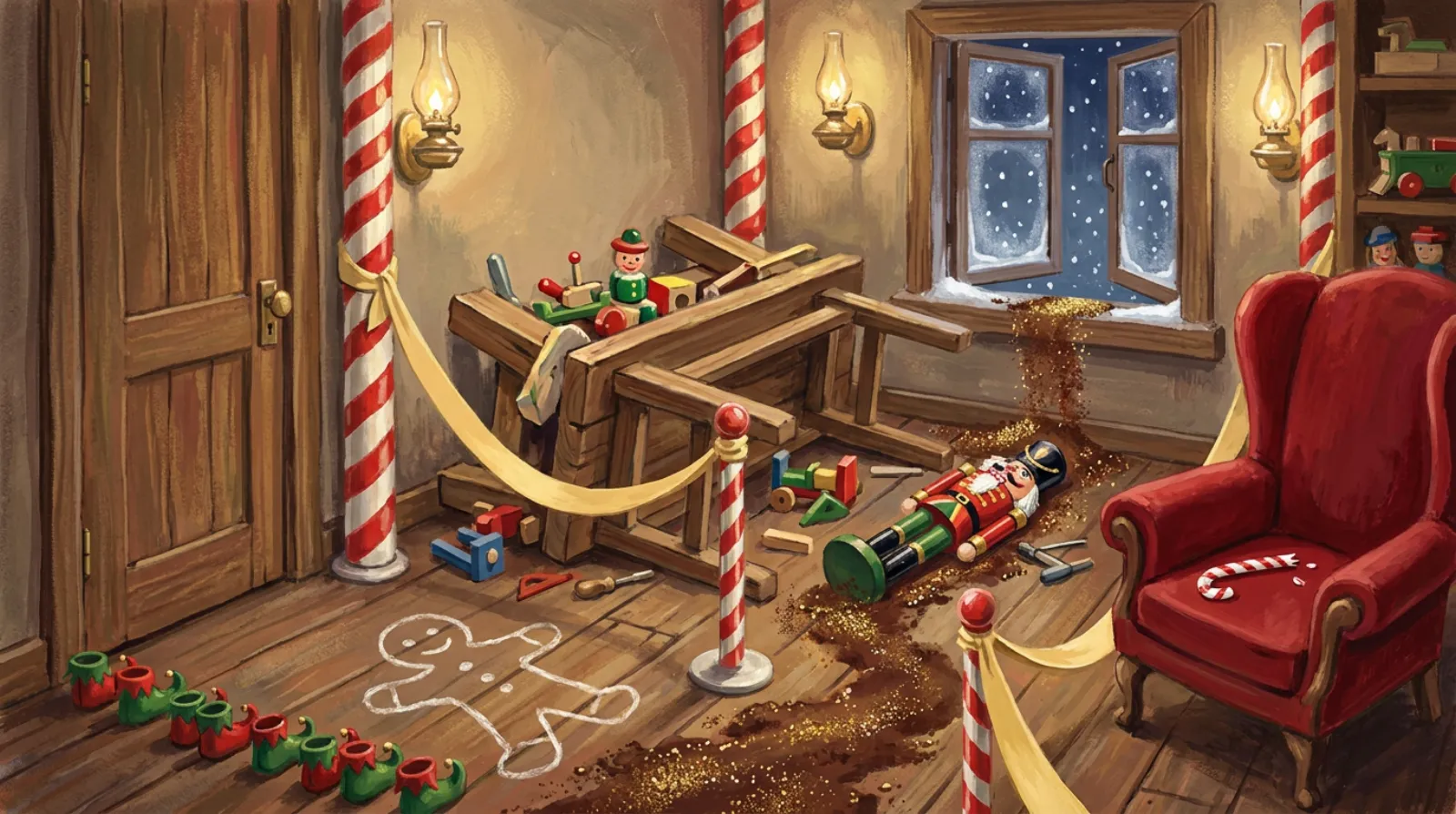 Santa's workshop as a crime scene: an overturned workbench of wooden toys, a toppled nutcracker, a trail of cocoa and glitter to an open window, a chalk outline of a gingerbread man, a row of elf boots, and a red armchair with a snapped candy cane on the seat.