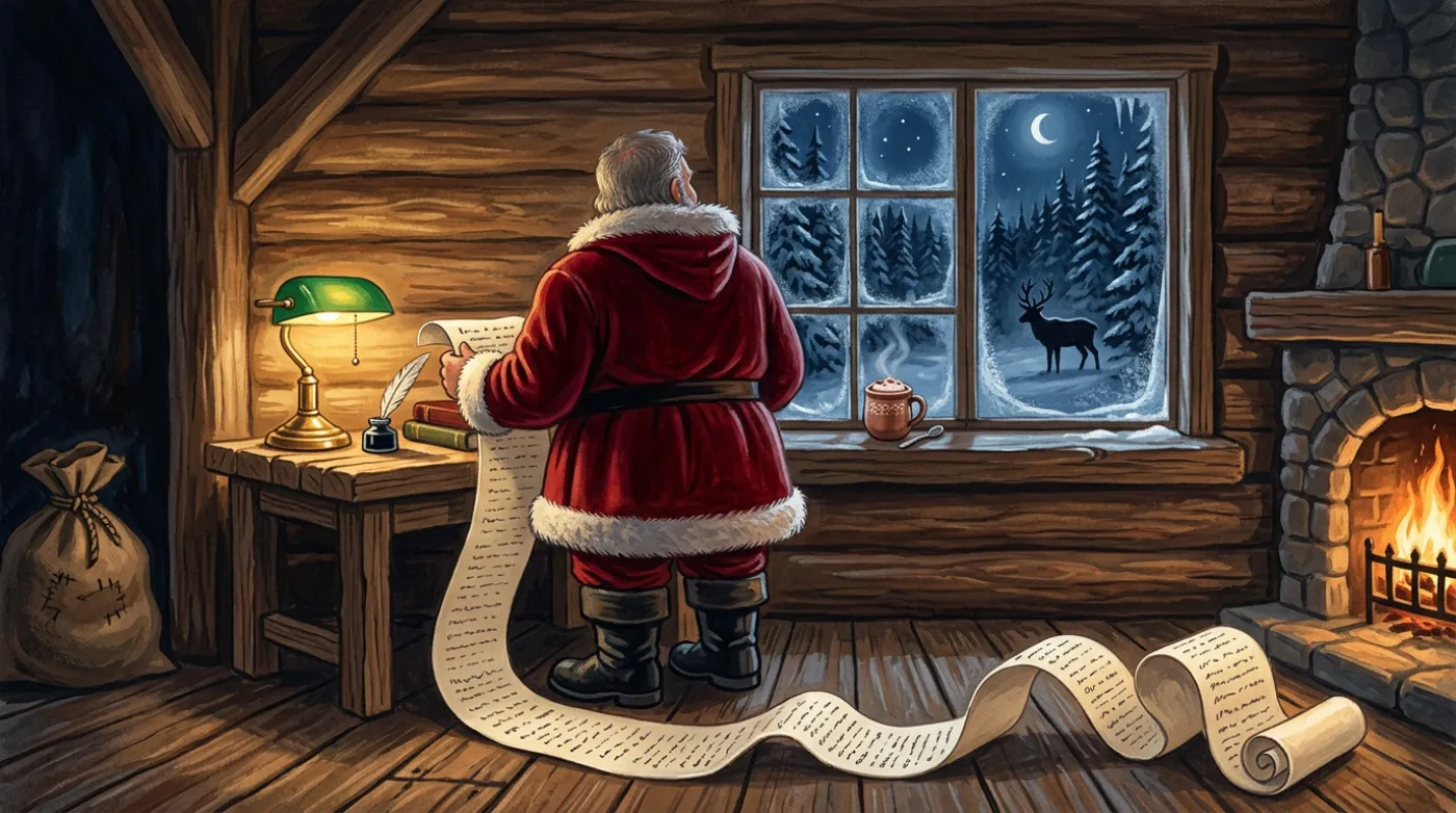 Seen from behind, a broad man in a red fur-trimmed coat stands at a frosted cabin window at night, holding the end of an enormous scroll that unrolls across the floor; a reindeer waits among the pines outside.